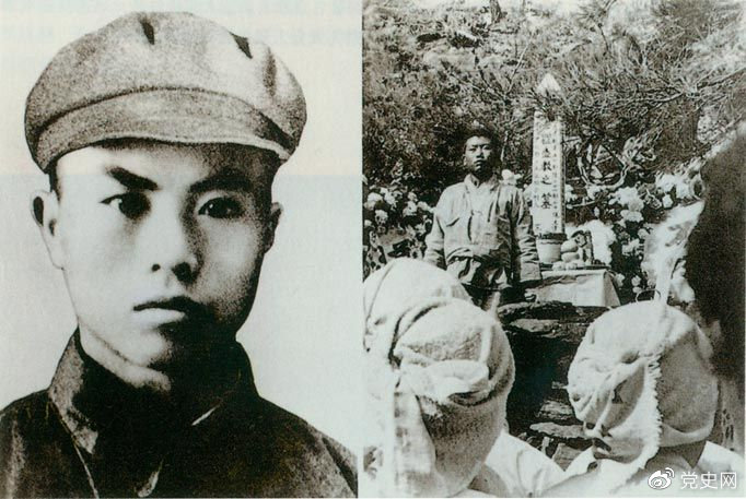 1952年1月2日,志愿军战士罗盛教在平安南道成川郡石田里,为抢救跌入冰窟的朝鲜少年而牺牲。被授予“中国人民志愿军一级模范”称号。左图为罗盛教,右图为被救少年崔莹在罗盛教墓前。